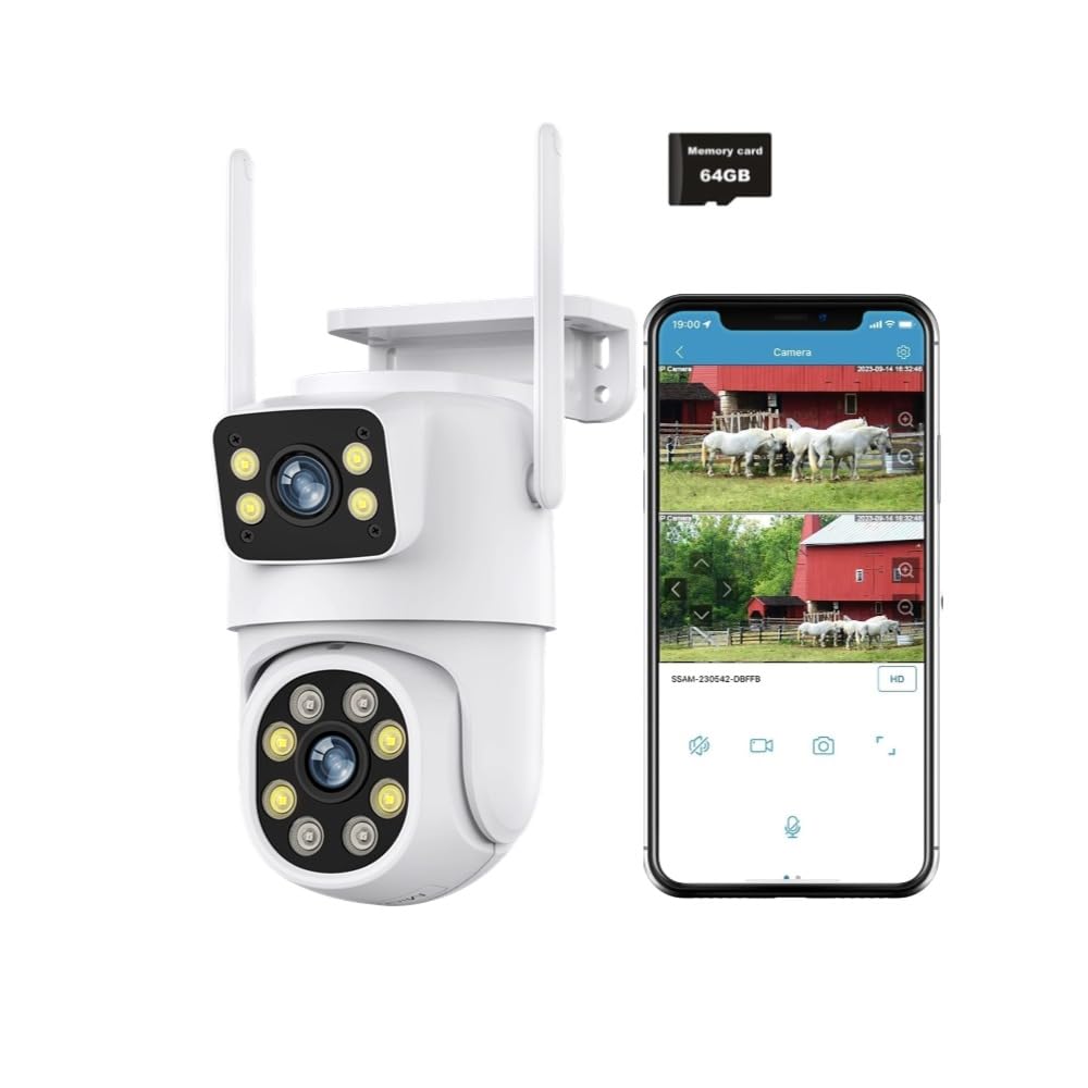 Telecamera Wi-Fi Esterno con Doppia Lente, 6 MP Telecamera Esterna IP PTZ Videocamera Sorveglianza 360° Telecamera di Sicurezza + 64 G Scheda SD Audio Bidirezionale Visione Notturna Tracciamento Auto