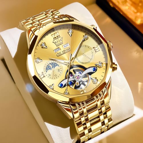 Image of OLEVS Automatic Men Watch Self Winding Mechanical Moon Phase Business Luxury Diamond Dress Stainless Steel Waterproof Luminous Mens Wrist Watch