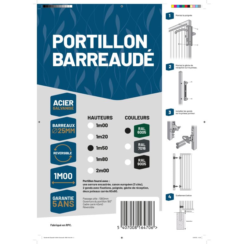 Portillon Grillagé Occultable-Largeur 1m00-Maille 200x50