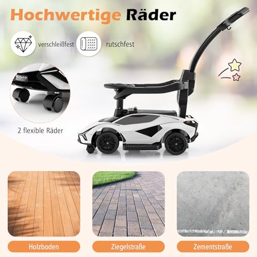 COSTWAY 3-in-1 Lamborghini Rutschauto, Schiebauto mit Scheinwerfern & Musik & Stauraum, Rutschfahrzeug mit abnehmbaren Schiebegriff & Universalrädern, Rutscher Auto für Kinder ab 1 Jahr (Weiß) – Bild 8