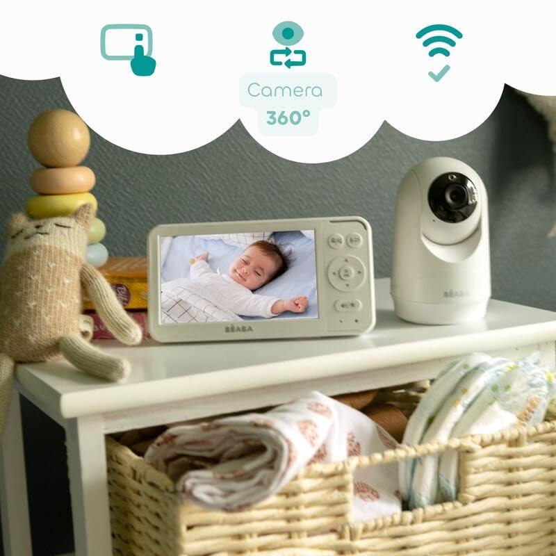 BÉABA, Babyphone Cámara Zen Plus 2 - Cámara 360°, Pantalla HD 5", visión nocturna, Talkie-Walkie, Termómetro, 8 Canciones de cuna, Alcance 300 m, Autonomía 20 h, 4 Cámaras Conectables, Blanco