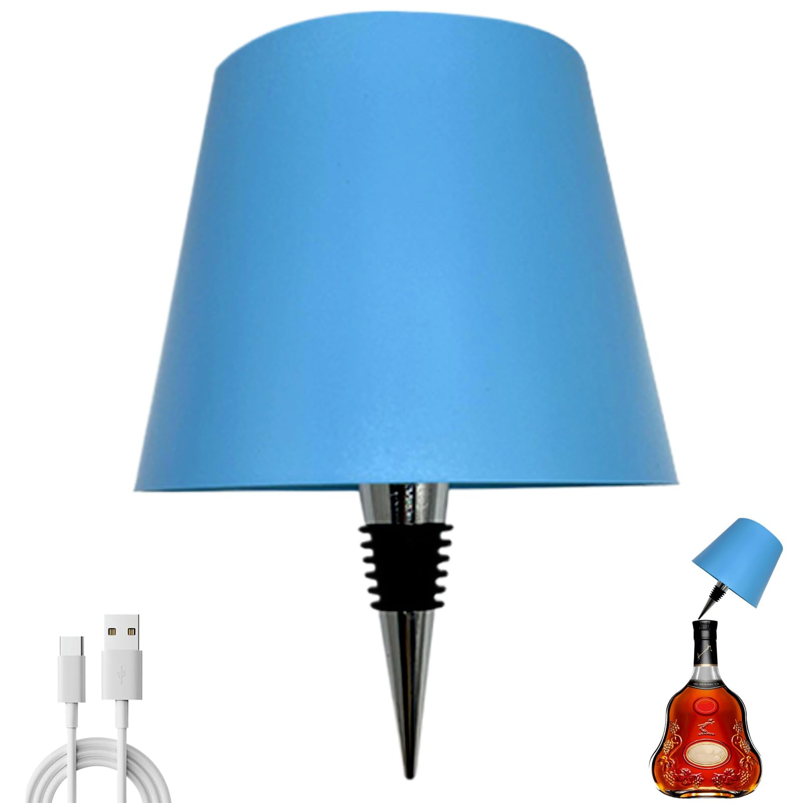 Brabola Wireless Wine Bottle Lamp, Liquor Bottle Light Rechargeable Touch Control Cordless Table Lamp with 3 Color Dimmable for Restaurant, Home, Bar, Office, Christmas (Blue, 1 Pcs)