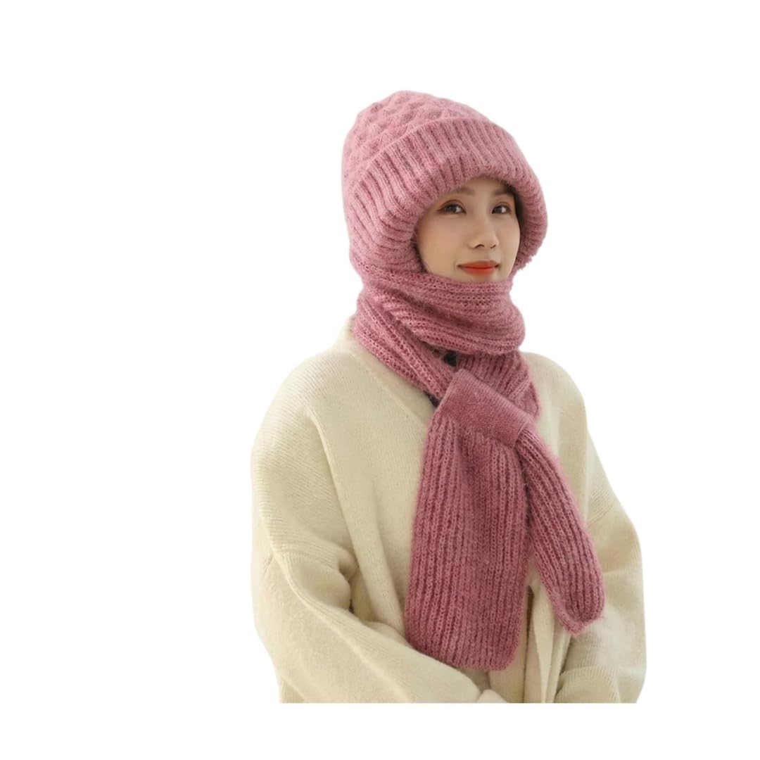 2 in 1 Windproof Scarf with Cap Integrated Ear Guard Hat Plus Velvet, Winter Warm Soft Knitted Beanie Hats Scarf- Woolen Lovely Muffler Fur Cap Stylish Women & Girls (Pack Of 1)-image-27
