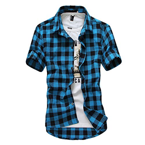 Usstore Mens Plaid Short Sleeve Blouse Summer Classic Mandatory Casual Lattice Pinted Daily Cozy Button Top Shirts (M, Sky Blue)