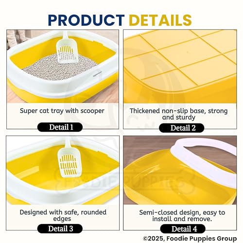 Image of Foodie Puppies Cat Litter Box Tray with Rim and Scooper - (Yellow) (Large, 46 x 38 x 13 cm) | Semi-Closed Design and Durable Quality | Pet Litter Sand Tray Suitable for All Adult Cats & Kittens