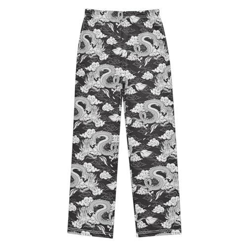 Retro Dragon Print Boys Long Pants Soft Trousers Elastic Waist Kids Lounge Bottoms with Pockets S-XL