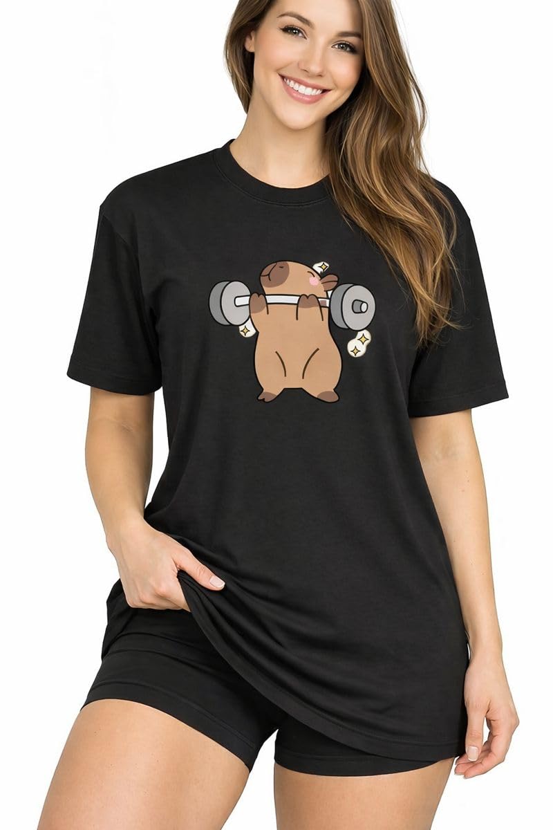 Camiseta Blusão Feminina Academia Fitness com Estampa Capyvara, Manga Curta, 100% Algodão, Gola Redonda, Casual