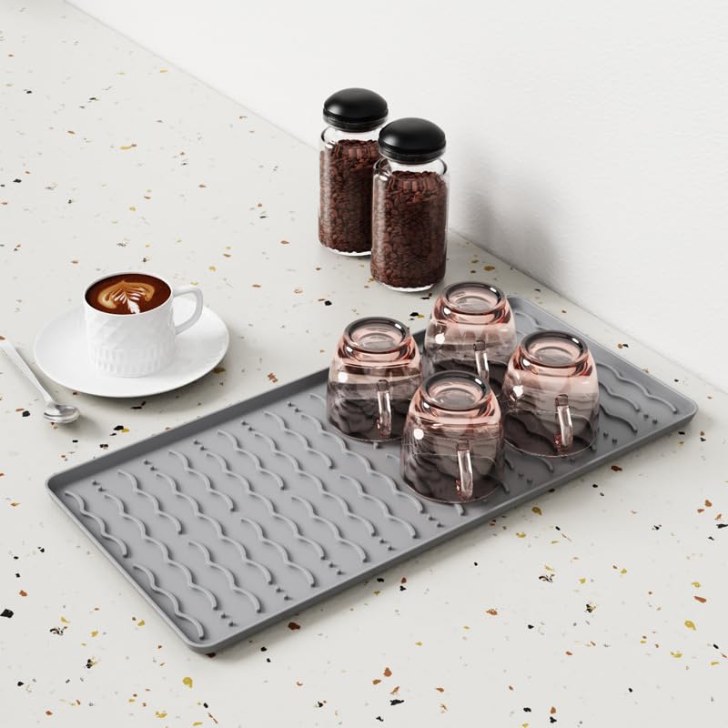Tapete de café de silicona, tapete de barra de café de 16 x 24 pulgadas con tapete de secado de platos desmontable, 2 accesorios de barra de cocina que se ajustan debajo de la máquina de café espresso