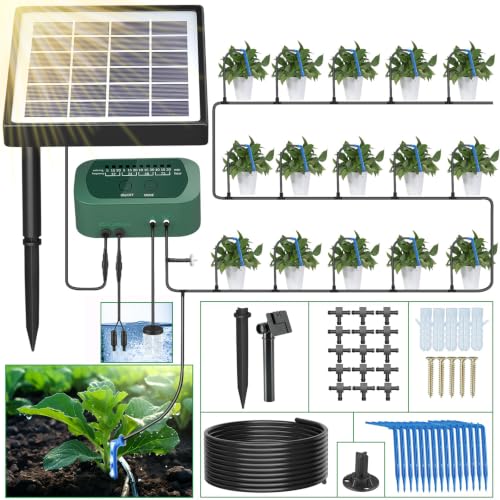 SoulBay Solar Irrigation System Self Automatic Greenhouse Watering Systems Drip Irrigation System Kit with Timer and 15m Hose for Garden Indoor Outdoor Plants Lawn Potted Balcony Vegetables