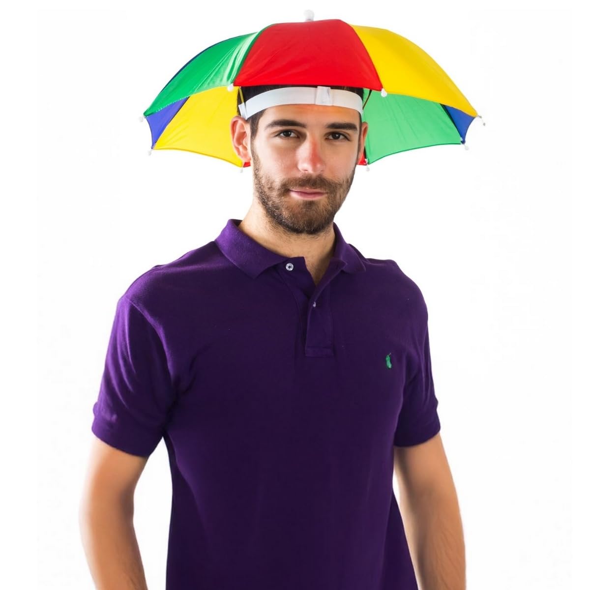 FUN FABLES Rainbow Multi-Color Umbrella Hat | Adjustable Hands-Free Folding Cap for Adults & Kids | Rain Hat Fancy Dress for Beach Fishing Golf Party Headwear