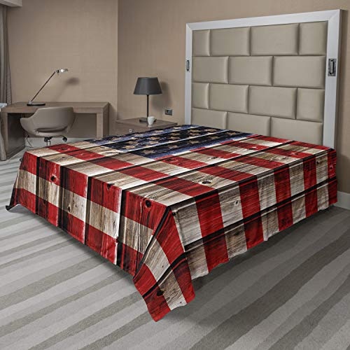 Ambesonne 4th of July Flat Sheet, Rustic Backdrop American Flag Design Wooden Boards Design, Soft Comfortable Top Sheet Decorative Bedding 1 Piece, California King, Vermilion Navy Blue