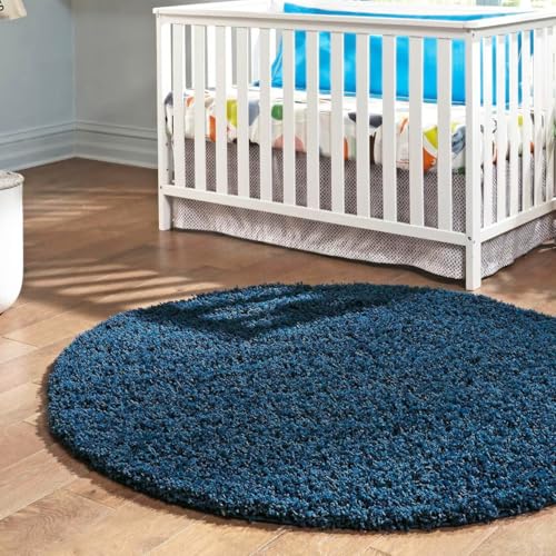 Image of Shaggy Round Area Rug - Soft Plush Circle Solid Color Carpet for Living Room, Bedroom, Kids Room - Fluffy Fuzzy Floor Mat for Home Decor (Blue, 3x3 feet, Round)