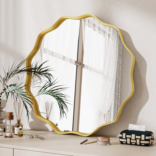 Image of VETROVUE Round Wavy Mirror, 20 Inch Metal Frame Circle Mirror, Round Wall Mounted for Entryway, Bathroom, Vanity, Living Room, Gold