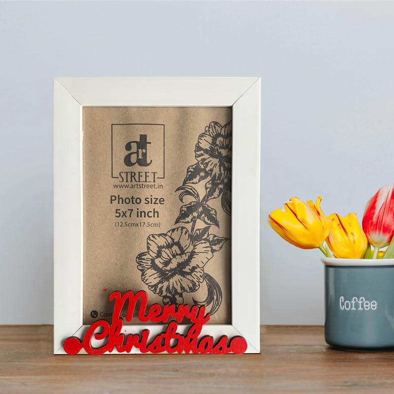 Art Street Merry Christmas MDF Cutout Photo Frame, Christmas Gift For Friends, Family, Relatives, Gift For Brother, Sister, Mom, Dad, Christmas Photo Frame (White, 5×7 Inch)