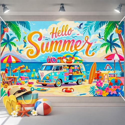 Image of BlissYard Summer Party Decorations 71 x 43 Inch Hello Summer Beach Party Backdrop Banner Surf Van Aloha Luau Party Decorations Pool Party Photo Booth Background Indoor Outdoor Wall Decor