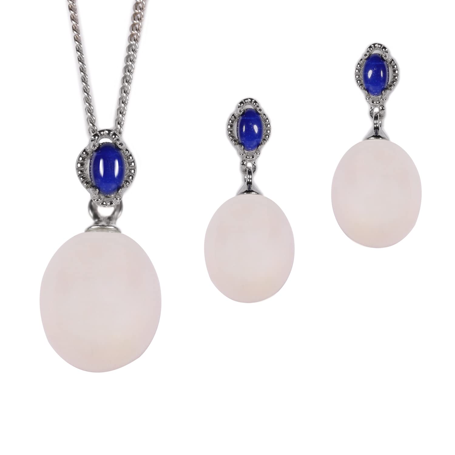 HAZZARReal 925 Sterling Silver with White Drop-Shape Natural Fresh Water Cultured Pearl & Natural Blue Oval-Shape Lapis-Lazuli Necklace & Earrings Set
