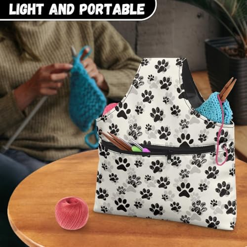 Image of KUIFORTI Knitting Yarn Bag Paw Print Knitting Bag Crochet Bag Organizer, Drawstring Yarn Project Bag, Yarn Tote for Crocheting Project, Store Skein Ball, Needles Accessories Large Size