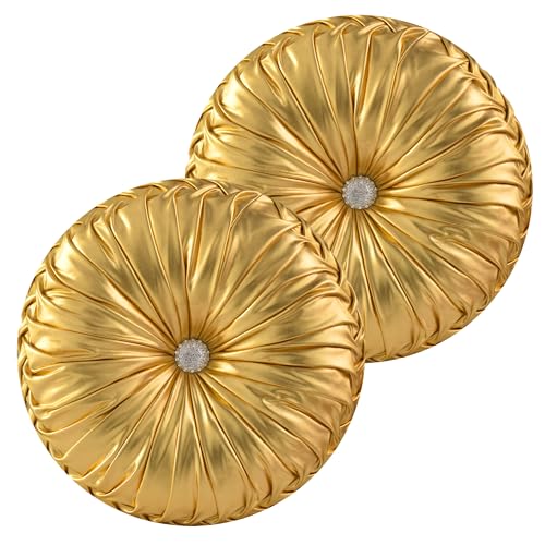 Image of HIG Set of 2 Handcrafted Gold Ruched Round Throw Pillows - 14.5'' Metallic Leather Decorative Pillows with Soft Polyester Filling for Couch, Bed, Living Room, Bedroom, or Dorm