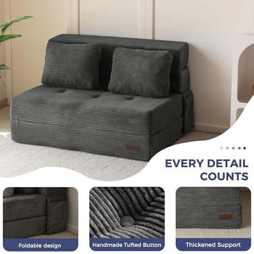 Image of MAXYOYO Convertible Sofa Bed, Fold Out Loveseat Sofa Couch with Pillow, 4 in 1 Tufted Folding Couch Bed Foam Floor Couch, Lazy Chair for Living Room Bedroom Guest Room, Dark Grey