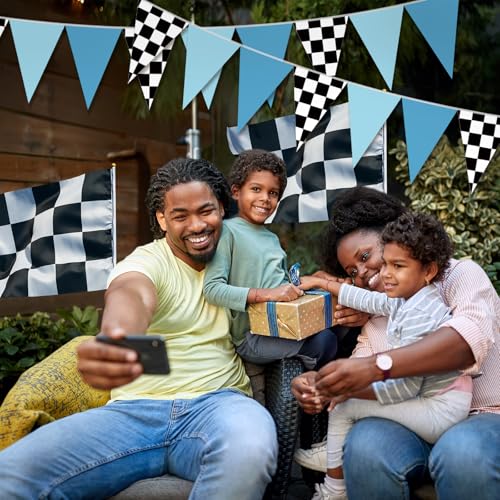Image of Tiamon 5 Pcs Racing Car Flag Banner Party Decorations Dusty Blue Black | Racing Car Checkered Triangle Flag Race Car Pennant Banner Garland for Birthday Baby Shower 2nd Two Fast Party Supply