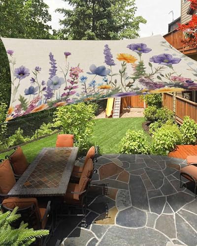 Boanket Sun Shade Sail 14' x 18', Spring Floral Large Heavy Duty Outdoor Shades Sun Screen, Purple Flowers Summer Botanical Rustic Shade Cloth for Patio Deck Terrace Garden Lawns Beach Backyard
