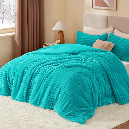 BEDELITE Fleece King Comforter Set -Super Soft & Warm Fluffy Teal Bedding, Luxury Fuzzy Heavy Bed Set for Winter with 2 Pillow Cases