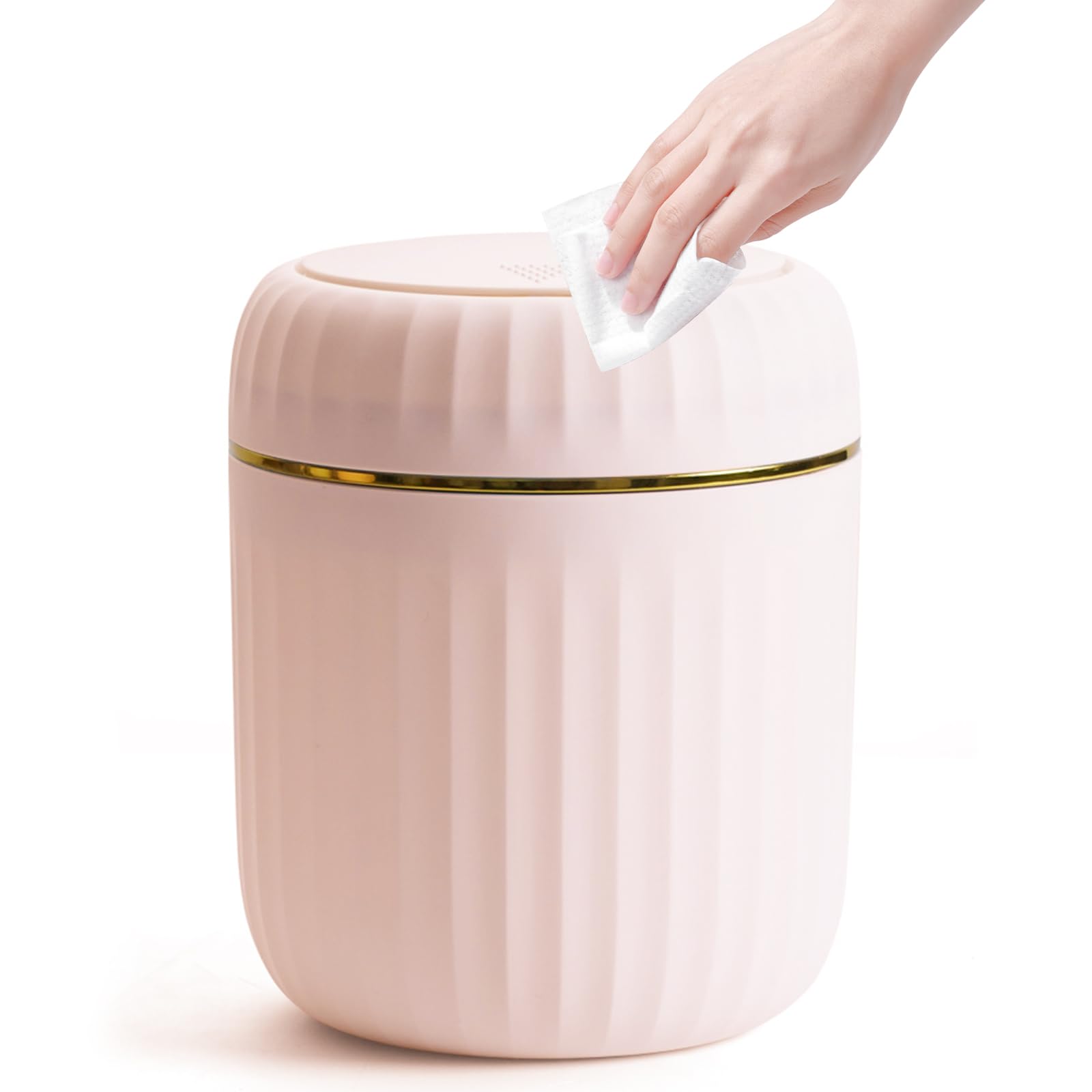 Bailtouk Mini Desktop Bin with Lid, 2L Small Bathroom Bin with Lid, Desktop Trash Can with Press Type Lid Plastic Desktop Trash Bin for Home, Office, Vanity Tabletop (Pink, 13×13×16cm)