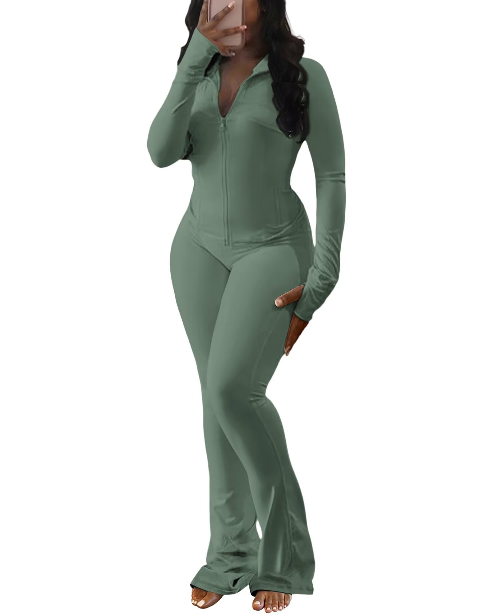 Ophestin Women 2 Piece Outfits Fall Long Sleeve Zip Up Jacket Flare Legging Workout Sets with Pockets Tracksuit