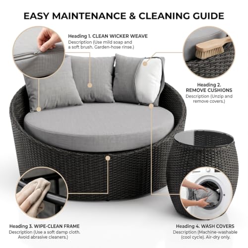 Image of BRISHI Outdoor Patio Round Daybed /Sunbed /Swimming Pool Side /Sun Lounger /Garden /Terrace /Balcony /Wicker and Rattan Daybed (Black /Grey)