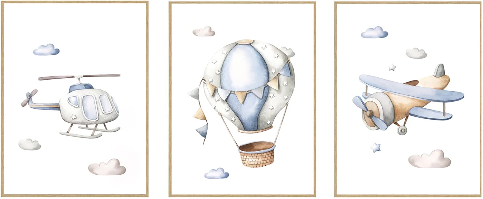 UDP-Auto Nursery Wall Art Air Vehicle Canvas Painting Helicopter Airplane Hot Air Balloon Print Poster Nordic Pictures Kids Room Decor Framed-12 x16 x3 P