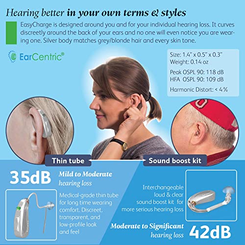 Silver-EarCentric-EasyCharge-Rechargeable-Hearing-Aids-Pair-for-Seniors-Behind-The-Ear-BTE-Ear-Aid-PSAP-digital-Personal-sound-amplification-products-devices-with-Noise-Cancellation