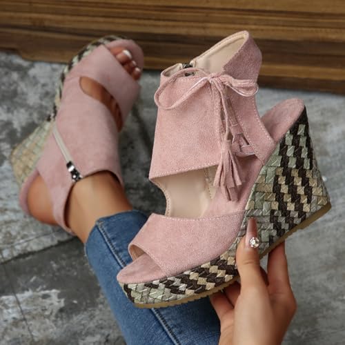 Women's summer casual wedge heel sandals, fish-mouth tassel side zipper solid color large-sized beach outdoor4