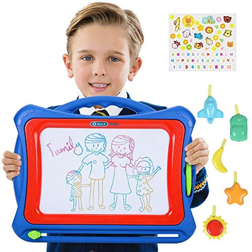 NextX Ardoise à Dessin Coloré avec Chiffres Magnétique Loisir Créatif Jouet Educatif pour Enfants Cadeau de Noel avec 5 Timbres , 1 Stylo et 1 Autocollant(Bleu)