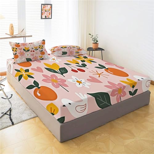 Drap housse 160x200 géométrie oiseaux fleurs grand bonnet 30cm rose - 3