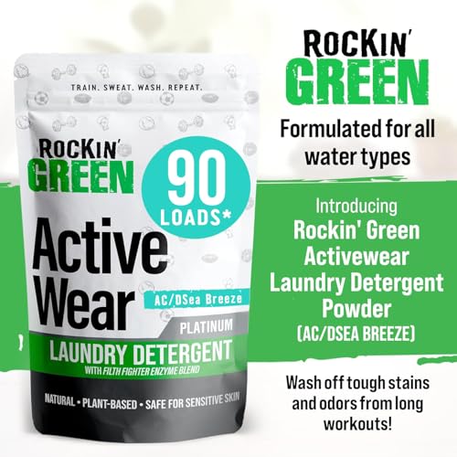 Rockin' Green Laundry Detergent, Plant based, All Natural Laundry Detergent Powder, Vegan and Biodegradable Odor Fighter, Safe for Sensitive Skin (Active Wear 90 Loads - AC/DSea Breeze)