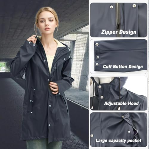 Rain Jackets for Women, Rain Coats Long Hooded Outdoor Waterproof Windbreaker Women's Trench Coat4