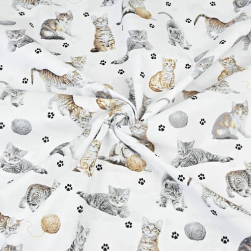 Textrend, tela de algodón, tela para coser, 100% algodón, perros y gatos, tela textil 1x1,6m, tela por metro, patchwork (Gatos beige y blancos sobre fondo blanco)