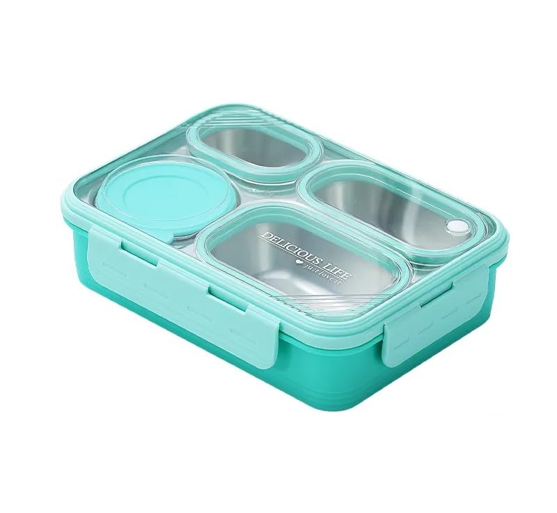Myneemoe Hearty Meal 4-Compartment Bento Lunch Box With Bowl: 100% Leak-Proof Design For Convenient And Mess-Free Dining (Mint Green) - Stainless Steel