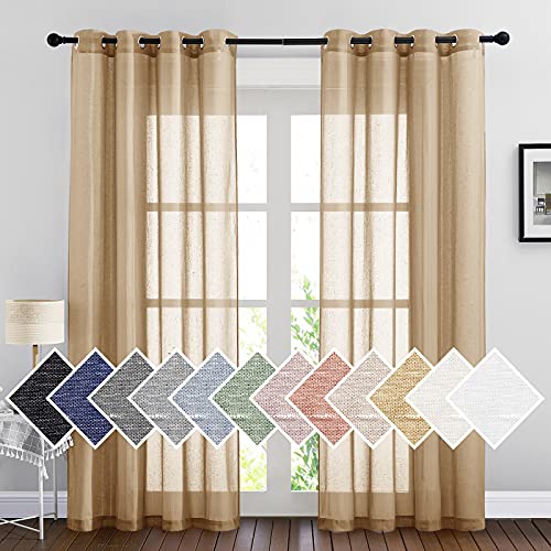 NICETOWN Sheer Curtains Flax Texture 84 inch Length, Grommet Semi Sheer Window Treatments Privacy with Light Filtering Drapes for Bedroom/Living Room, Camel, W52 x L84, 2 Panels