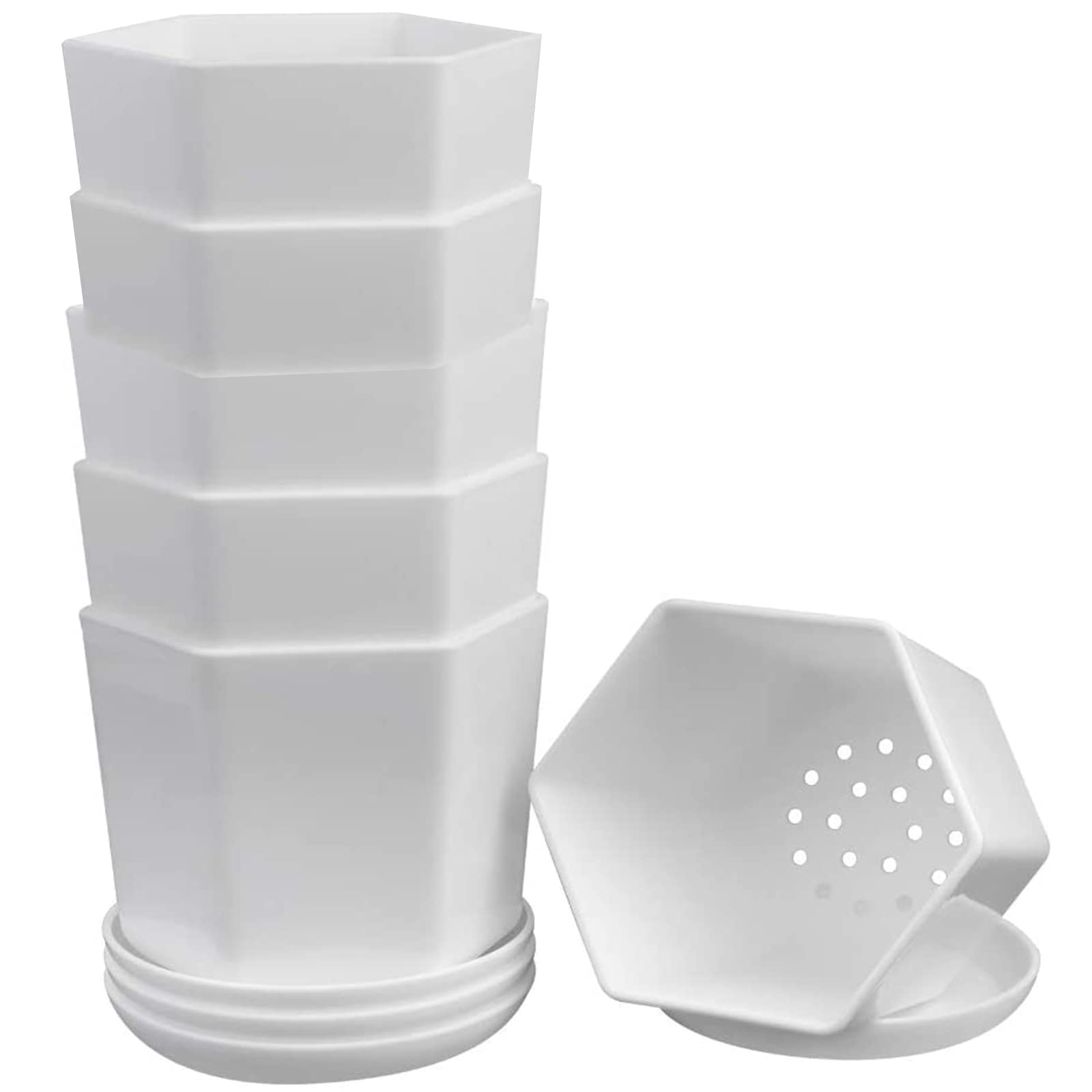 6Pcs 9cm Plastic Flower Pots, Small Hexagon Resin Flower Planter Garden Flower Plant Container with Tray for Succulent Cactus Herb Home Office Balcony Decor