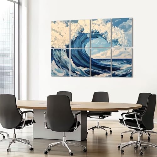 8 Pack Paneles acústicos artísticos de espuma absorbente de sonido con diseño de ondas oceánicas azul y blanco, paneles decorativos autoadhesivos para estudios de grabación y oficina 48"x32" miniatura 7
