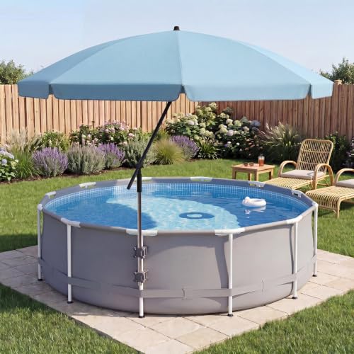 Cinnvoice 7.5ft Above Ground Pool Umbrella with Clamp Outdoor Pool Sunshade for Oval Rectangular Swimming Pools UPF 50+ UV Protection Adjustable Poolside Umbrella for Patio Outdoors(Light Blue)