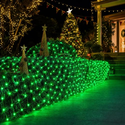 Image of Dazzle Bright Christmas Net Lights, 360 LED 12FT x 5 FT Transparent Wire Waterproof Connectable String Lights with 8 Modes Christmas Outdoor Lights for Bushes Garden Party Holiday Decoration (Green)