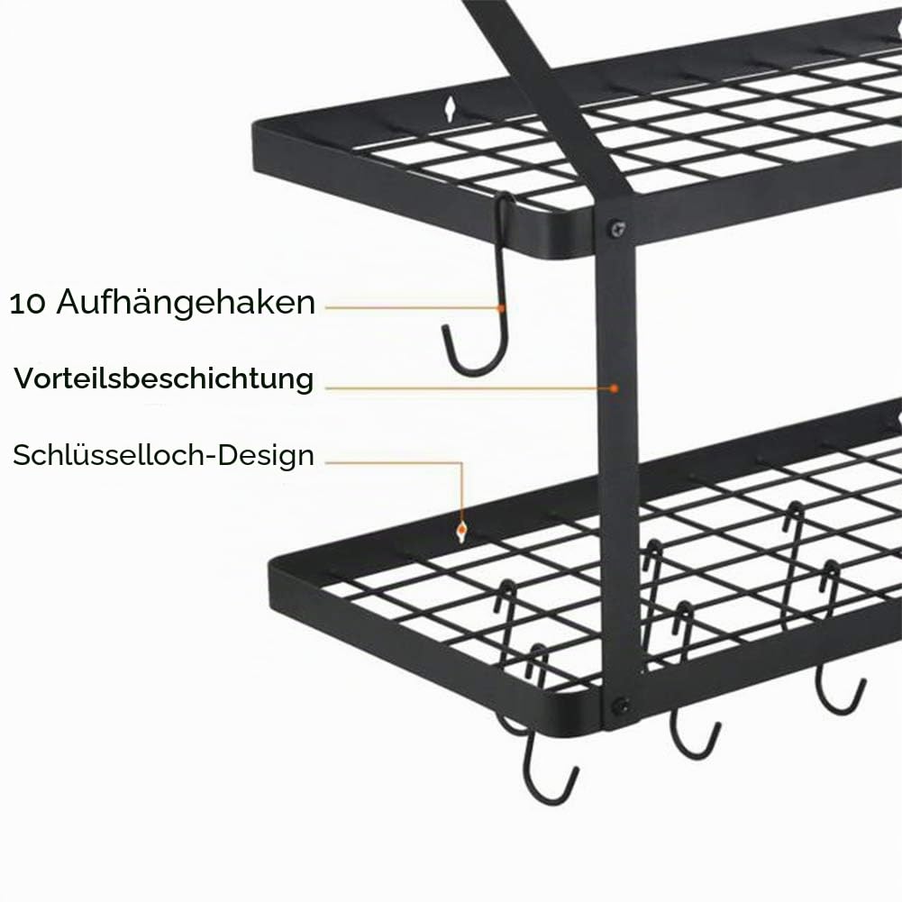 Warmiehomy Küchenregal Wand Pfannenhalter, Wandregal Küche mit 10 Haken, 2-Schicht Topf Pfannen Organizer, Gewürzregal Hängend, Wandmontage Küchenutensilienhalter Küchenablage (74,9x34,8x58,9 cm)