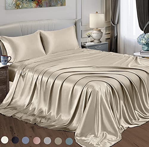 Satin Radiance Soft Satin Silk Sheets Solid Color Deep Pocket Queen Size Satin Bed Sheet Set Cooling And Soft Fitted Satin Bedding + Satin Pillowcase(s) Durable, Breathable, Brown, 4-piece