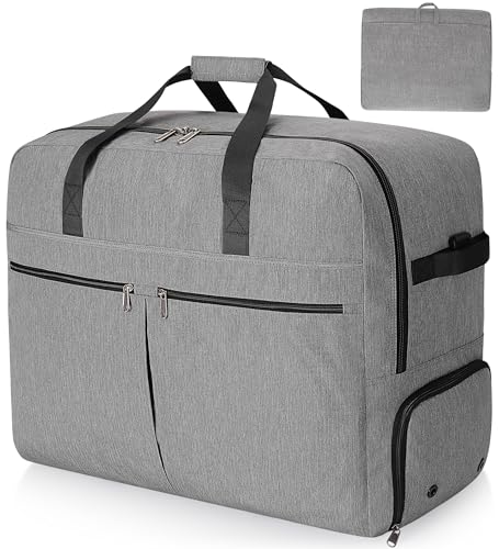 Image of 80L Foldable Large Travel Duffle Bag for Men and Women, Packable Duffel Bags with Shoe Compartment, Water Repellent & Tear Resistant (Gray)