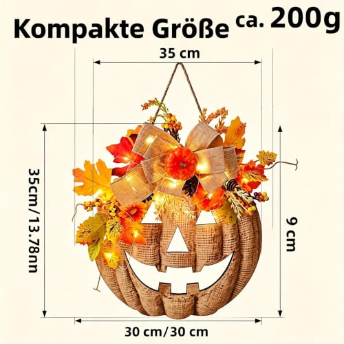 Beleuchteter Holz-Kürbis Türhänger, Beleuchtetes Halloween Türschild, LED Kürbis Wanddekoration, Herbst Schaufensterdekoration, Landhausstil Deko, Hängende Herbstdekoration – Bild 2