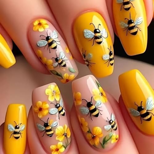 24 Pcs Yellow Press on Nails Medium Square 3D Relief Bumblebee De...