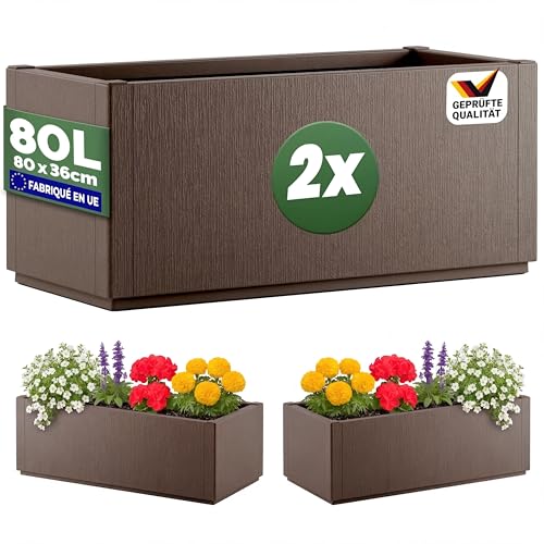 Casaria® 2X Jardinière Ethica Brun 80x36x36cm 80L résistante Fond d'écoulement Bac à Fleurs Pot de Fleurs Jardin Balcon