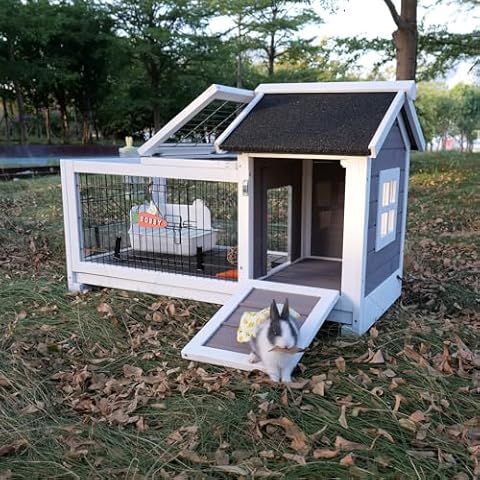FunXplore Rabbit Hutch Indoor Outdoor Rabbit Cage Bunny Hutch with Casters, Urine Baffles Bottom Wire Floor Leakproof Tray Metal Feeder Openable Roof Cover